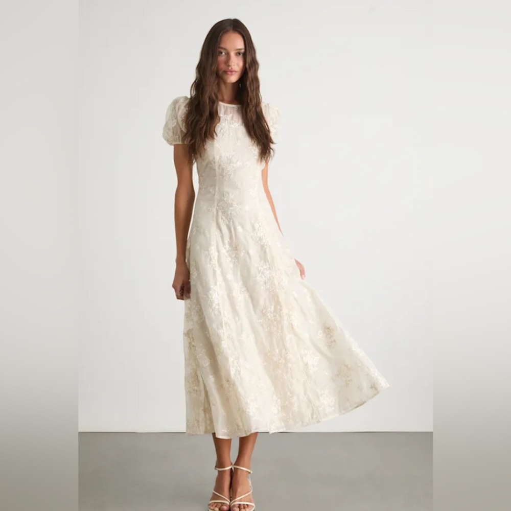 Elfrieda Cream Floral Embroidered Puff Sleeve Midi Dress